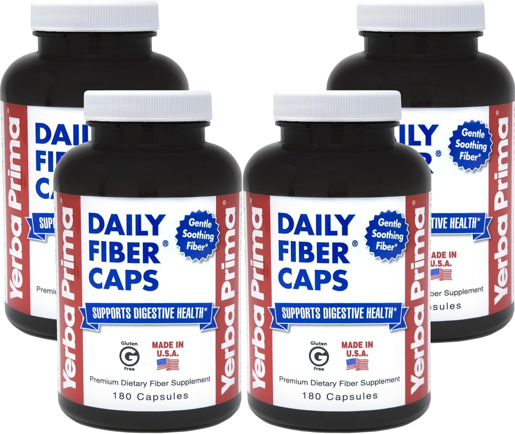 Yerba Prima Capas de fibra diarias - 180 cápsulas, (Pack of 4) - Soluble & Insoluble Suplemento dietético - Colon Cleanse - Gut Health - Vegan, No Gluten-Free