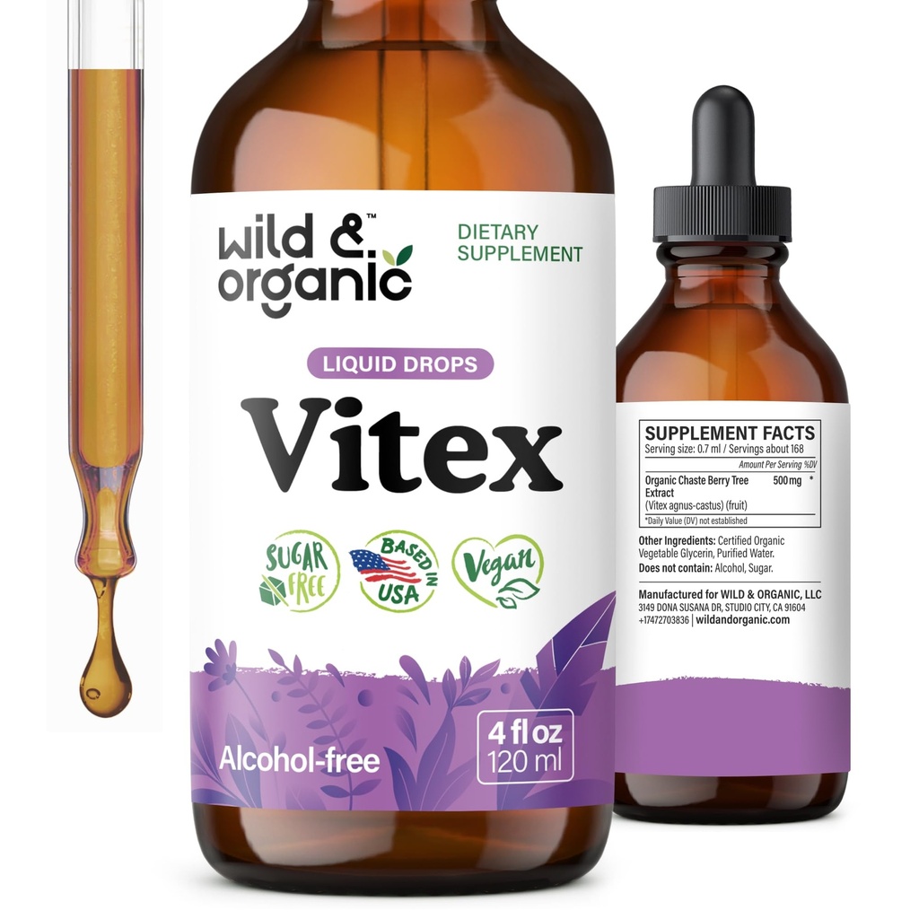Wild &amp; Organic Vitex Tincture - Vitex Chasteberry Supplement for Women - Liquid Chaste Tree Berry Extract for Good Mood - Vegan, Sugar &amp; Alcohol-Free Herb Drops - 4 fl oz