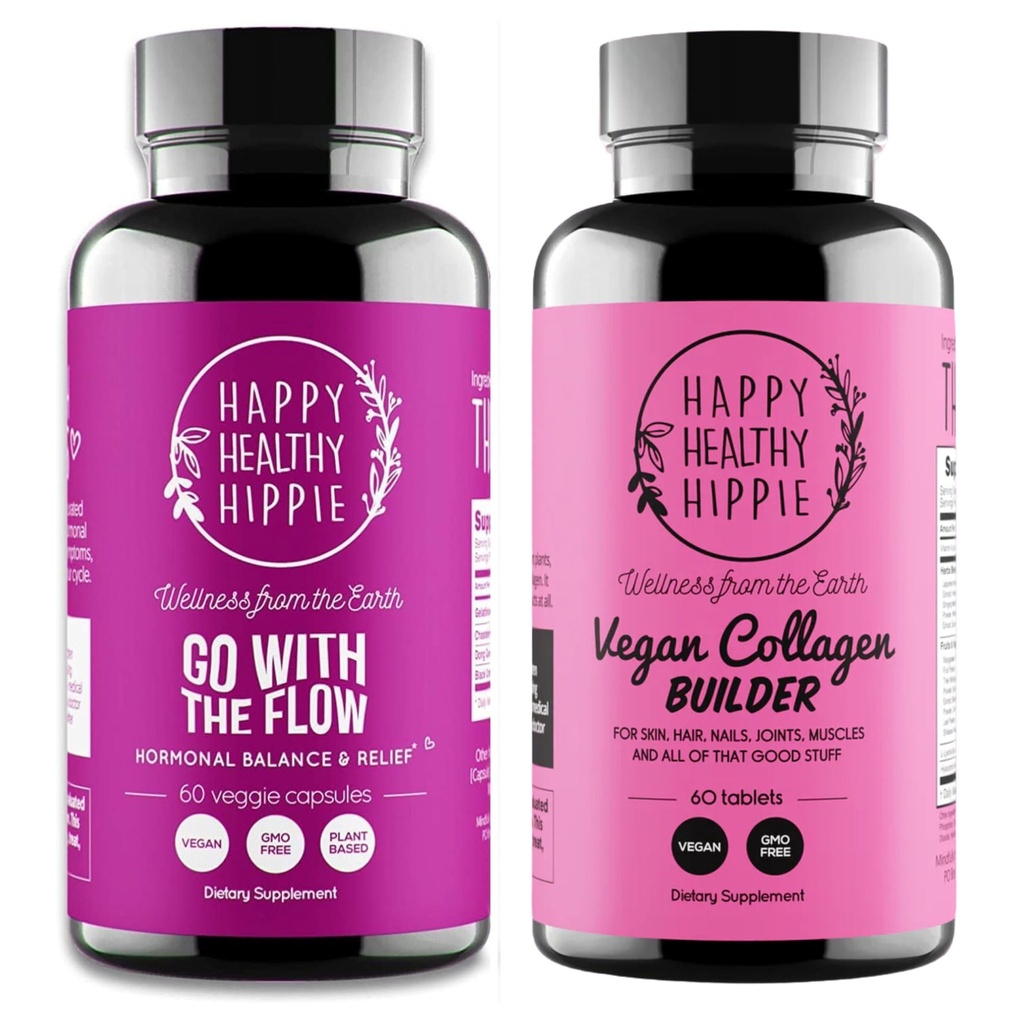 Happy Healthy Hippie Vegan Collagen Builder w/Hyaluronic Acid &amp; Go with The Flow Hormone Balance for Women