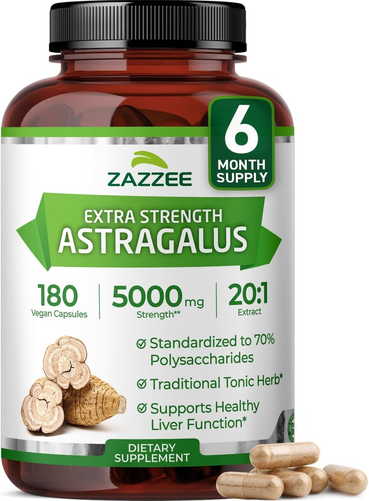 [BRSW2235AUIGYF3O] Zazzee Extra Strength Astragalus Root 20:1 Extract, 5000 mg Strength, 70% Polysaccharides, 180 Vegan Capsules, 6 Month Supply, 100% Vegetariano, Estándarizado y Concentrado 20X Extract, Non-GMO