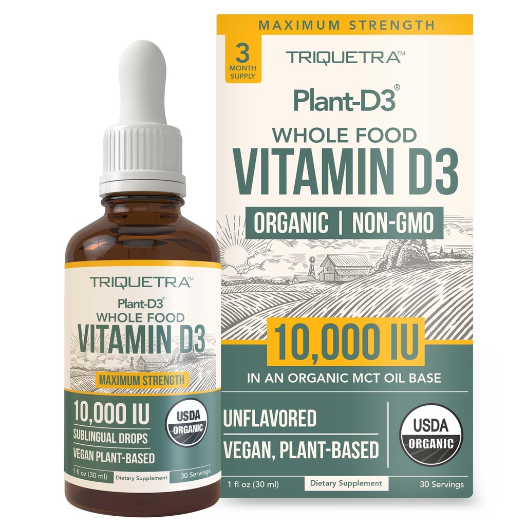 Vitamina Orgánica D3 10,000 UI - Planta D3, Vegan, Max Strength Sublingual Líquido gotas D3 - 200% Absorción Superior, 100% Forma de Cholecalciferol Basado en Planta & Vegan D3, Dosis Ajustable (30 Servimientos)