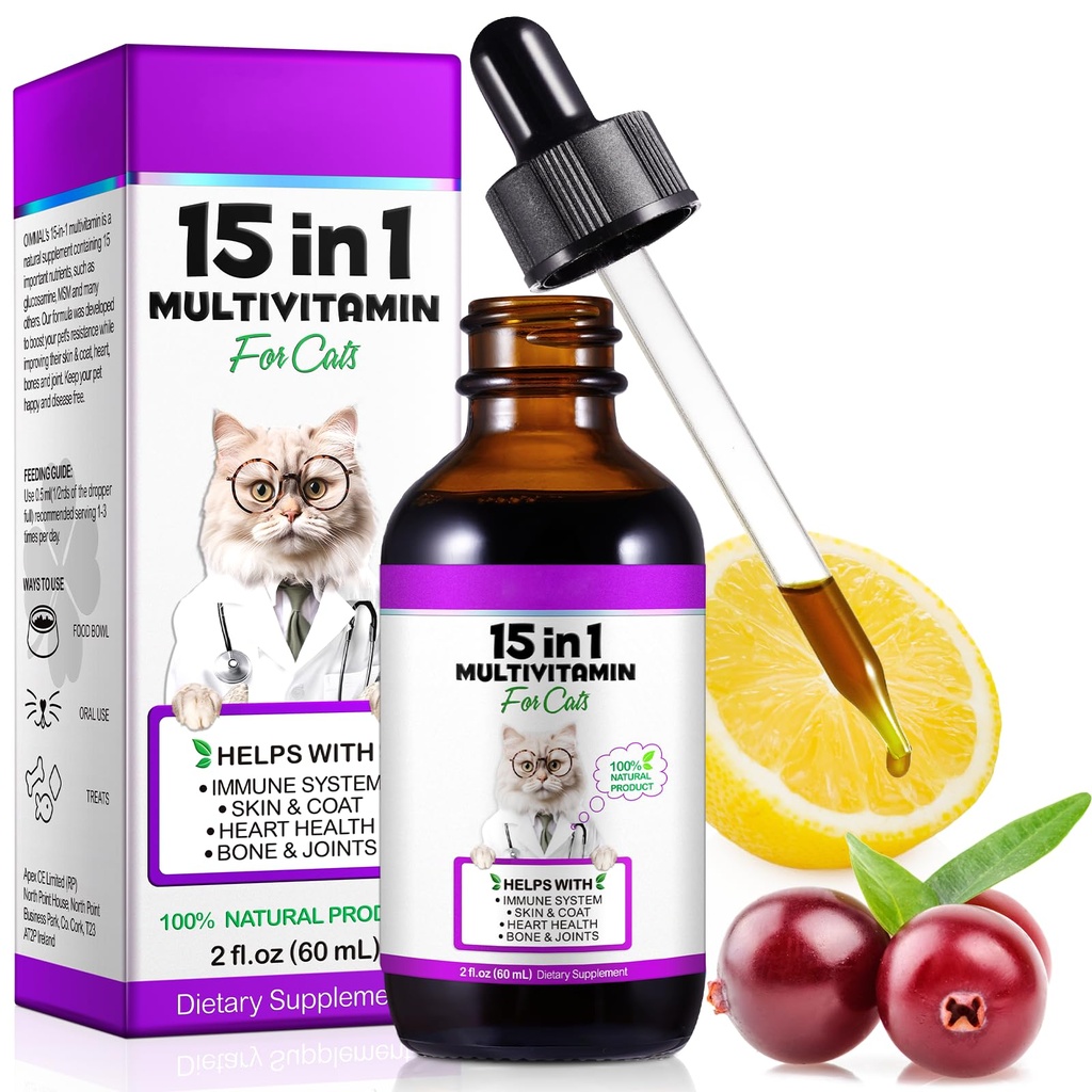Cat Multivitamínico,15 en 1 Cat Vitaminas Líquidas Suplementos para la salud del corazón, huesos, articulación, piel " Cuna, vejiga, sistema inmunológico Soporte 60ml