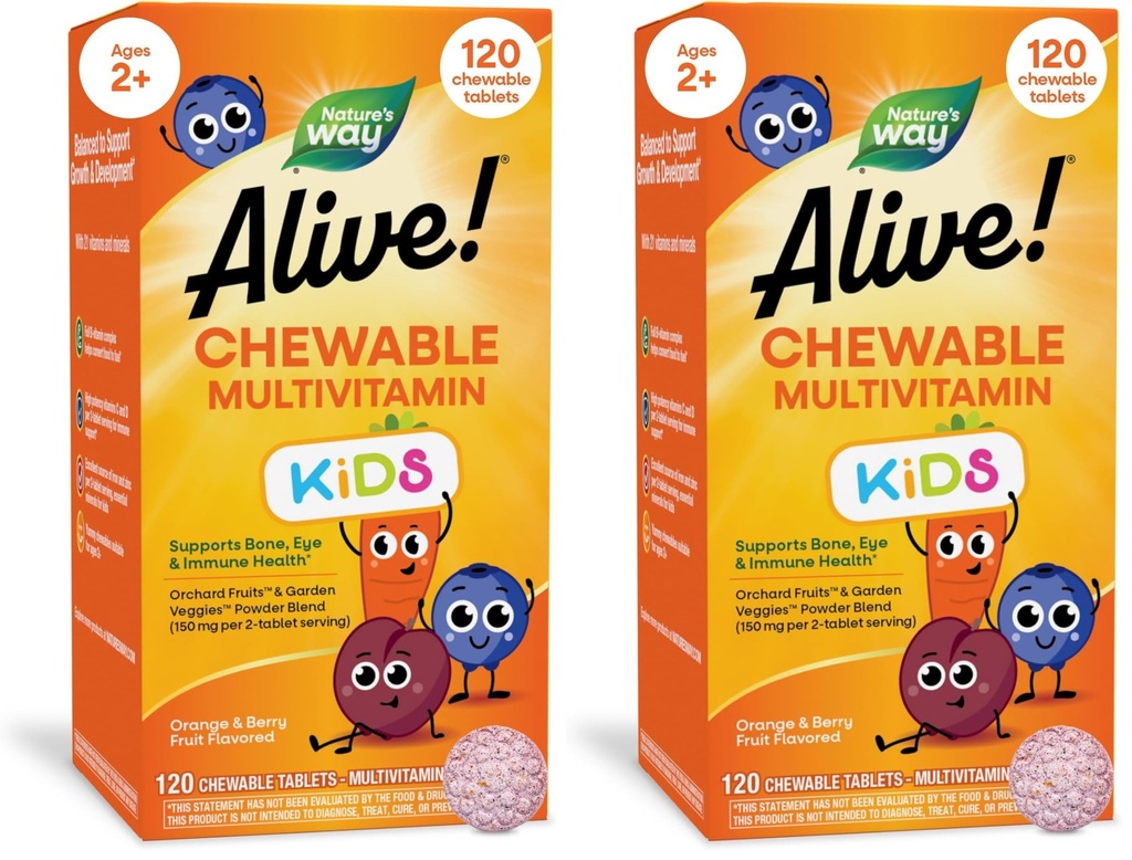 ¡La naturaleza está viva! Multivitamínicos Chewable Diario de los niños, soporta el hueso, el ojo y la salud inmune*, Orange &amp; Berry Fruit Flavored, Gluten Free, 120 Chewable Tablets (Packaging May Vary) (Pack of 2)