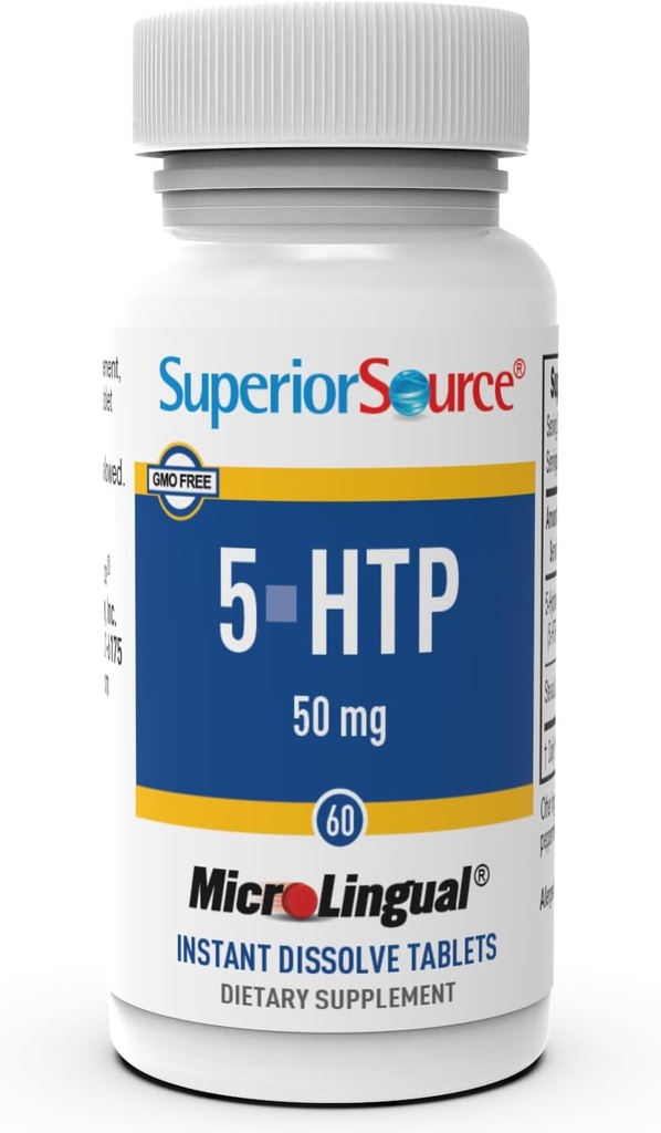 Fuente superior 5-HTP 50 mg - Suplemento natural Ayudas sueño reparador " Funciones de neurotransmisor - Salud cerebral " Soporte - 5-Hydroxytryptophan Suplemento - 60 Tablas instantáneas