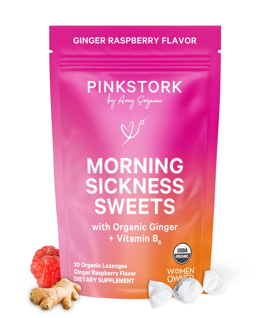 Pink Stork Morning Sickness Sweets, Organic Raspberry Ginger Candy with Vitamin B6, Support for Motion Sickness, Prenatal Heartburn - Pregnancy Must Haves - 30 Wrapped Drops