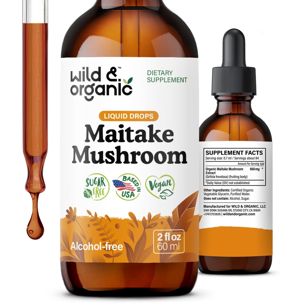 Silvestre &amp; Organic Maitake Mushroom Drops - Suplemento líquido de hongos para soporte inmunitario - Extracto de Maitake Tintura - Vegan, Azúcar &amp; Sin alcohol - 2 fl oz