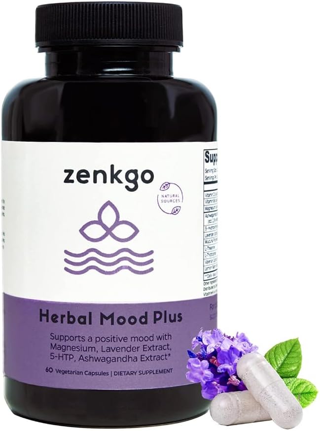 Zenkgo Ashwagandha, 5-HTP, Lavender, Mucuna, L-triptófano - Mood Support Suplemento, Planta-Basada, Herbal Mood Plus Ayuda con calma mente & estrés Alivio, Emotion Blalance, Positivity (60Ct/30Day)