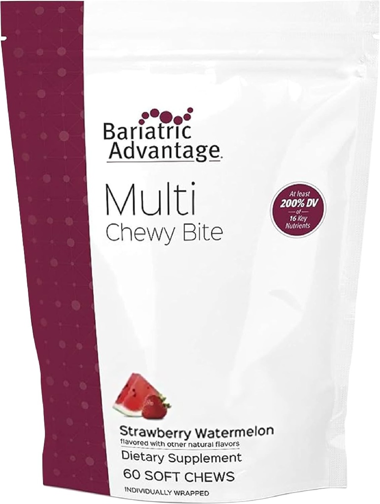 Bariatric Advantage Multi Chewy Bite - Soft Chew Multivitamínico para Cirugía Bariatrica Pacientes - Multivitamina Chewable con ácido fólico, vitamina D3 & Más - Sabor de sandía de fresa - 60 Cuenta