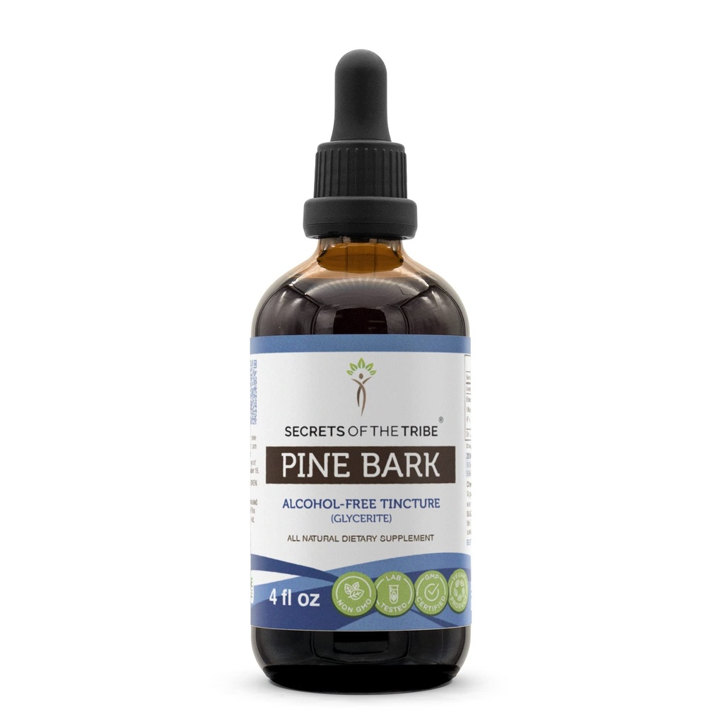 Secretos del Tribe Pine Bark Extracto líquido libre de alcohol, Barco de pino salvaje (Pinus strobus) Barco seco (4 FL OZ)