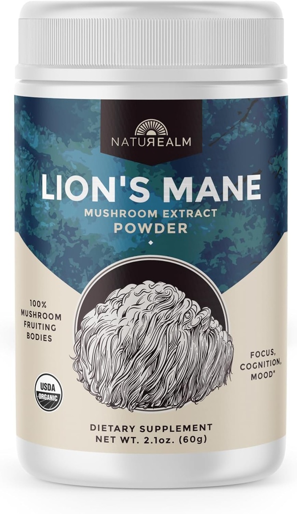 Naturealm Lion's Mane Mushroom Powder - Organic Brain Support for Focus Memory Mental Clarity - Non GMO Función cognitiva - 60 Servimientos