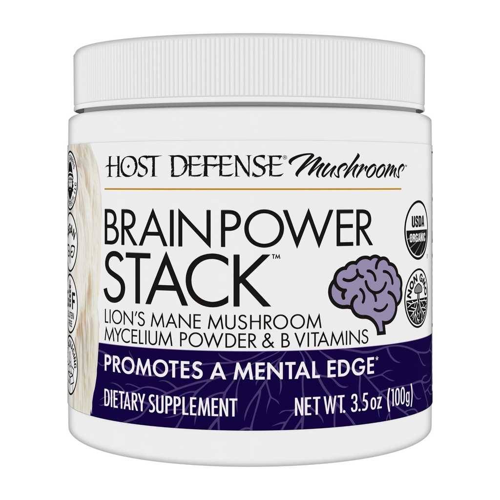 Host Defense BrainPower Stack Powder - Suplemento de Apoyo al Cerebro Objetivo - Suplemento Powder Mushroom con Mane de León, Niacin (B3) & Vitamina B12 - Herbal Brain Support - 100g (66 Servings)*
