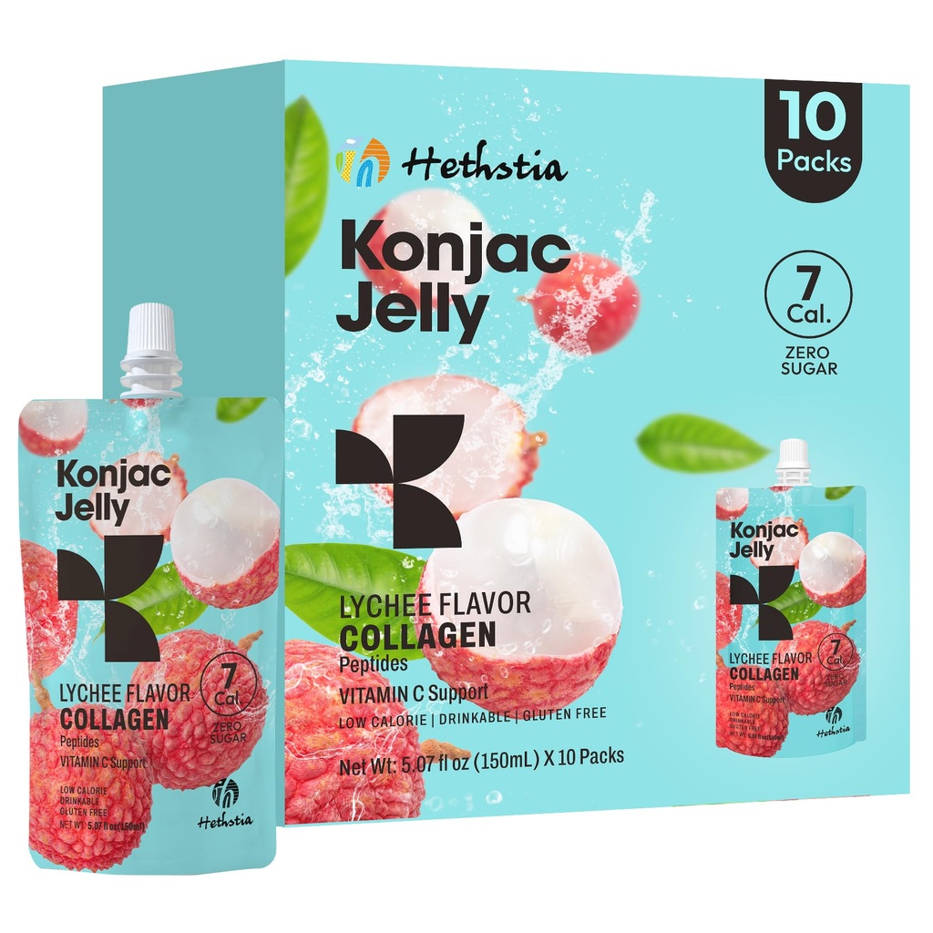 Hethstia Konjac Jelly, Lychee Konjac Jelly 10 Pouches with Collagen Peptides, Bajo Calorie Bebida Litchi Jello, Vitamina C Light Snacks, Sugar Free, Keto, Gluten-Free, Saludable Food Gifts