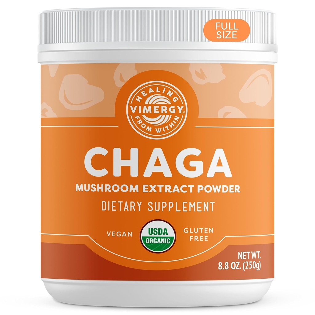Vimergy USDA Organic Wild Chaga Mushroom Extract Powder, 166 Servings – Ideal en Chaga Tea, Café, Smoothies – Cardiovascular Support - Kosher, Vegan, No Gluten, Paleo - Pure Chaga, No Fillers (250g)