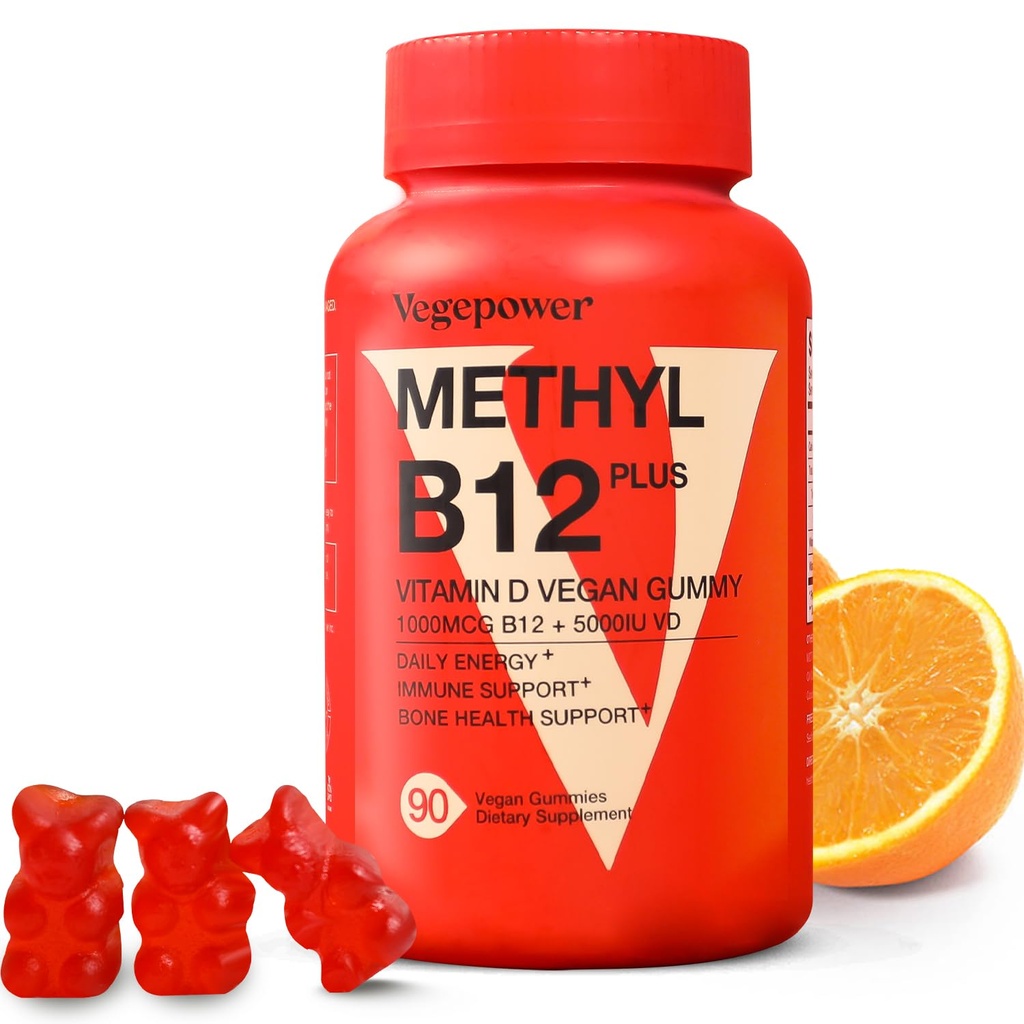 Vitamina B12 D3 Gummies Vegan - 90 Conde I 1000 MCG Methyl B12 & 5000 UI Vitamina D Gummy Suplementos Chewable para Adultos &amp; Niños - Immune Health & Daily Energy Boost - Non-GMO, Orange
