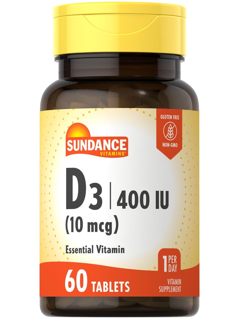 Sundance Vitamin D3 400 UI (10 mcg) Silencio 60 Tabletas Vegetarianas ← Vitamina Esencial Suplemento Silencio Vegetariano, No GMO, y Fórmula Libre Gluten