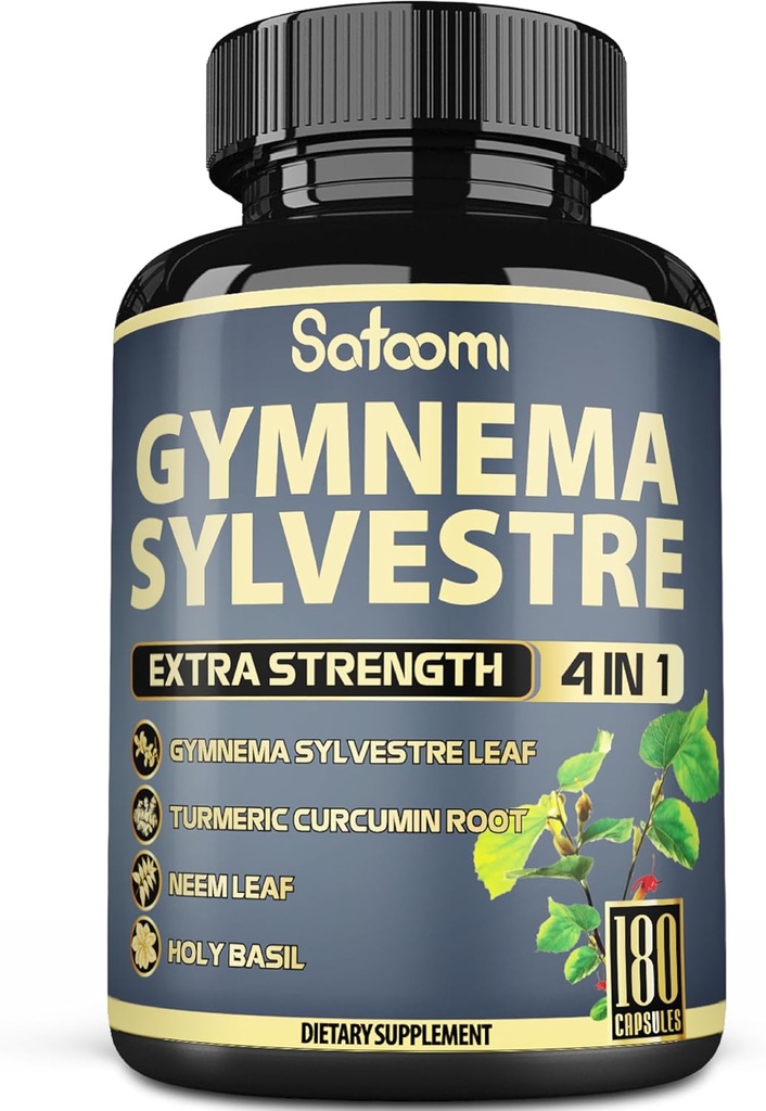Satoomi Pure Gymnema Sylvestre Capsules Extract - 180 cápsulas de 6 meses - Blended with Neem Leaf, Holy Basil & Turmeric Curcumin Root