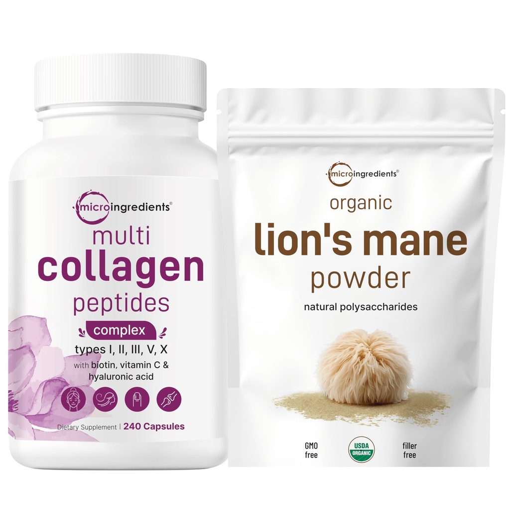 Micro Ingredientes Complejo Multi Collagen &amp; Lions Mane Mushroom Suplemento Powder Bundle 2 Pack ← Peptides Collagen Grass-Fed Collagen peru Natural Superfood for Brain, Energy, &amp; Immune Health