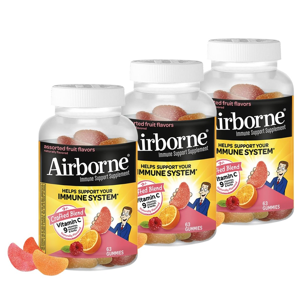 Airborne 750mg Vitamin C Immune Support Supplement Gummies for Adults, Assorted Fruit Flavor, Gluten Free Crafted Blend with Powerful Antioxidants Vitamins A C & E, 63 Gummies (3 Pack)