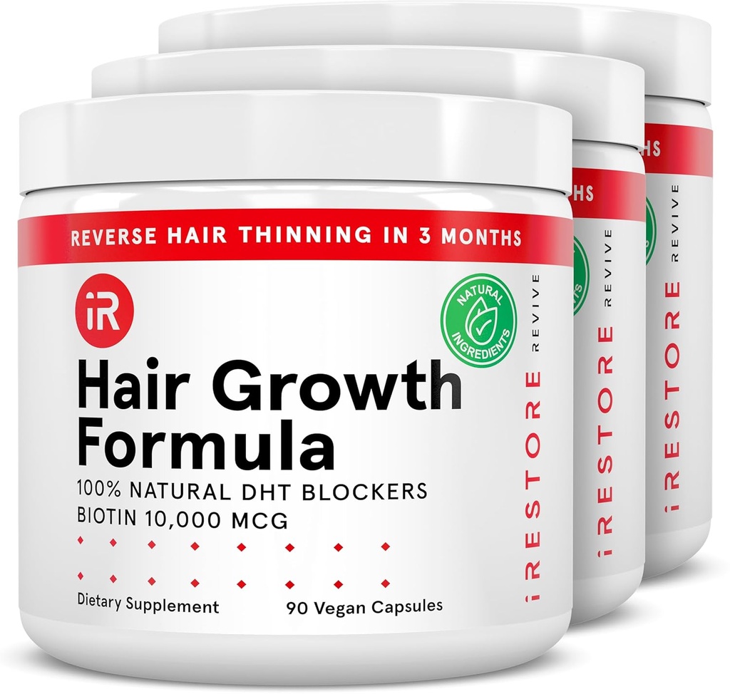iRestore Hair Growth Supplement – Natural DHT Blockers & Multivitamin Blend – Vegan, Non-GMO, 90 cápsulas – Soporta el cabello grueso, más fuerte para hombres y mujeres – 3-Pack