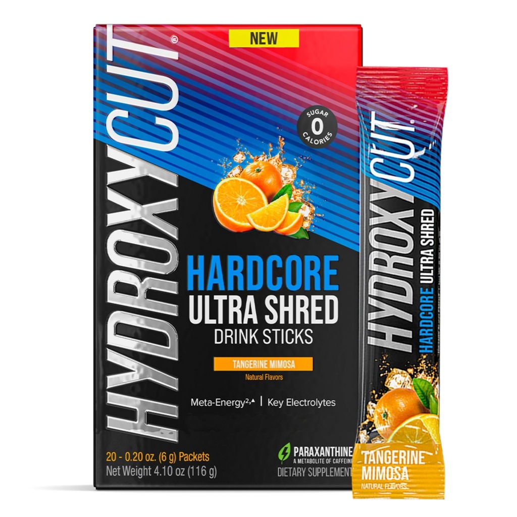 Hidroxycut Hardcore Ultra Shred Drink Sticks, Tangerine Mimosa - 20 Packets - Zero Sugar o Calories - Incluye Paraxanthine &amp; B Vitaminas - para Hombres y Mujeres