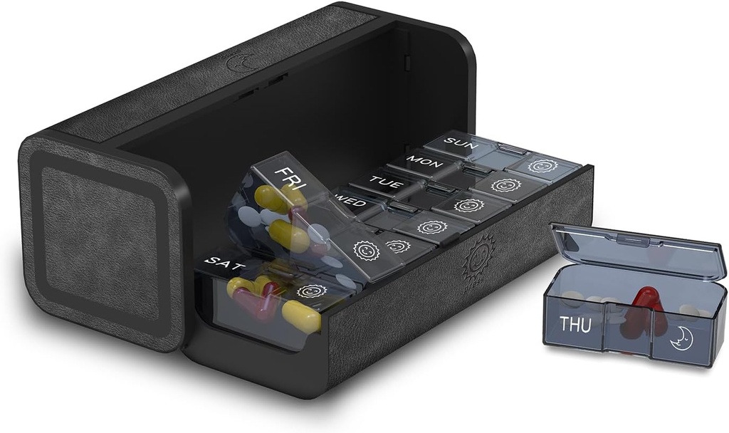 Pill Organizer 2 veces al día, Am Pm Twice Daily Pill Case, Detachable Large Travel Pill Box 7 Day, Weekly Pill Container for Vitamin Medicine Supplement Fish Oil (Black)