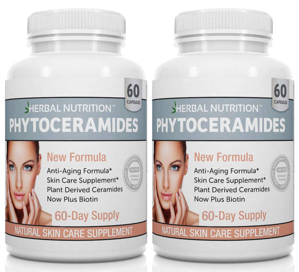 Fitoceramides Rice Basado en Biotina Anti Aging Suplemento, Wrinkle Remover y Facial Moisturizing con Fitoceramides Vitamina A, C, D y E, Two Bottle Pack, 120 Capsules 40mg, Gluten Free