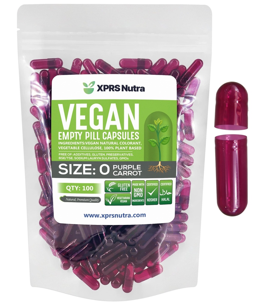 XPRS Nutra Tamaño 0 Empty Capsules - 100 Conde Empty Vegan Capsules - Vegetarian Pills - DIY Vegetable Capsule Filling - Veggie Pill Caps for Do-It-youself Suplementos (Purple Carrot)