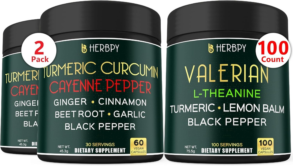 Bundle 7in1 Turmeric Curcumin & 5in1 Valerian Root Suplemento - Apoyo Digestión, Salud del Corazón, Inmune y Relajación