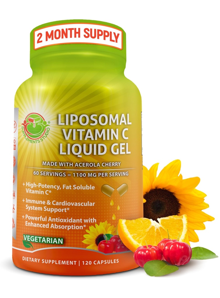 Liposomal Vitamina C Líquido Gel Capsules - 1100mg - Hecho con Cerezas de Acerola Orgánica, Alta Potencia Vitamina C Liposomal Apoyo Suplemento con Absorción Mejorada & Bioavailability - 120 count