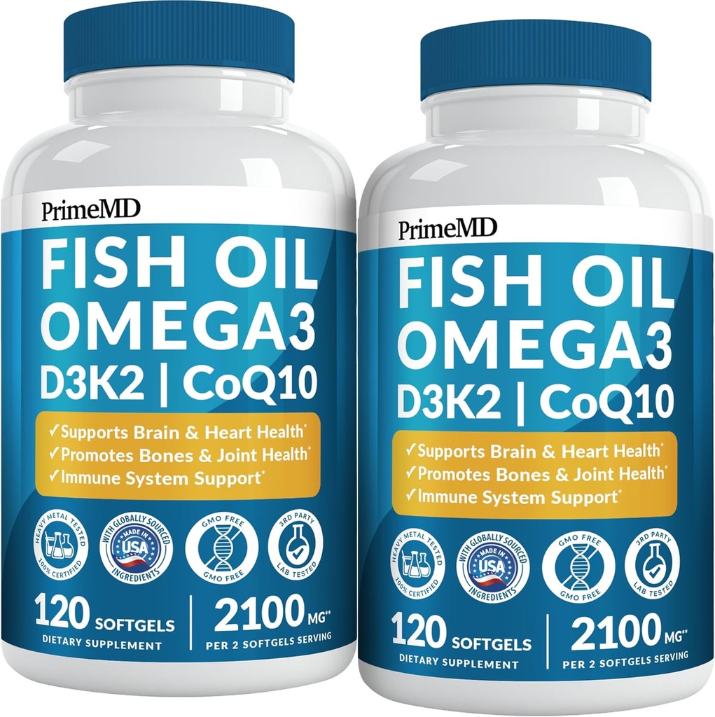 [BRSRAGDQAVYRSGT4] 5-en-1 Petróleo de pescado Omega 3 Suplementos (2100mg) - Aceite de pescado con vitaminas D3 & K2 y CoQ10 - EPA DHA Omega 3 Suplementos - Suplementos de ácido graso saboreado de limón, paquete de 2