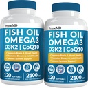 5-en-1 Petróleo de pescado Omega 3 Suplementos (2100mg) - Aceite de pescado con vitaminas D3 & K2 y CoQ10 - EPA DHA Omega 3 Suplementos - Suplementos de ácido graso saboreado de limón, paquete de 2