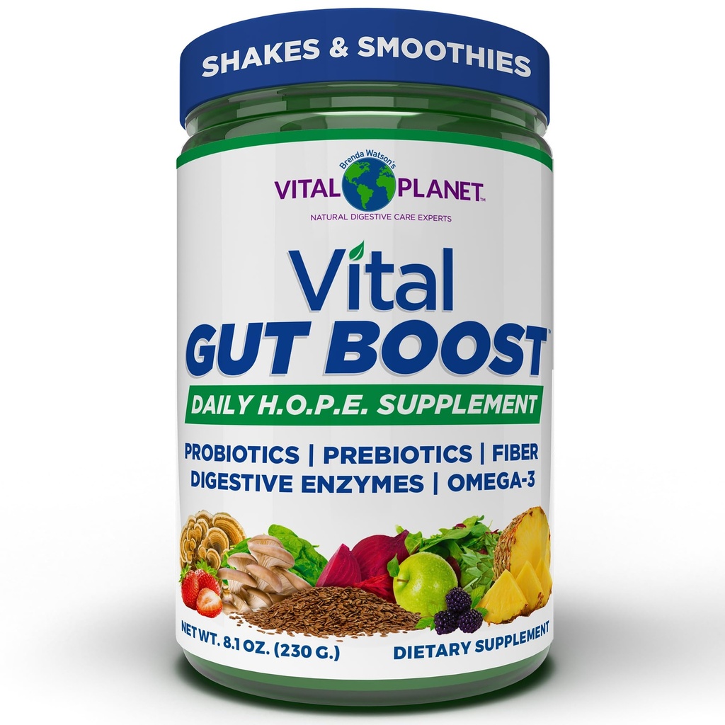 Vital Planet - Vital Gut Boost Powder por Brenda Watson, PBS Gut Check Hope Suplemento con fibra 35, Omega 3 Oil, Probiotics, y Enzymes Digestivos, 8.1oz, 230 Grams, 30 Servings