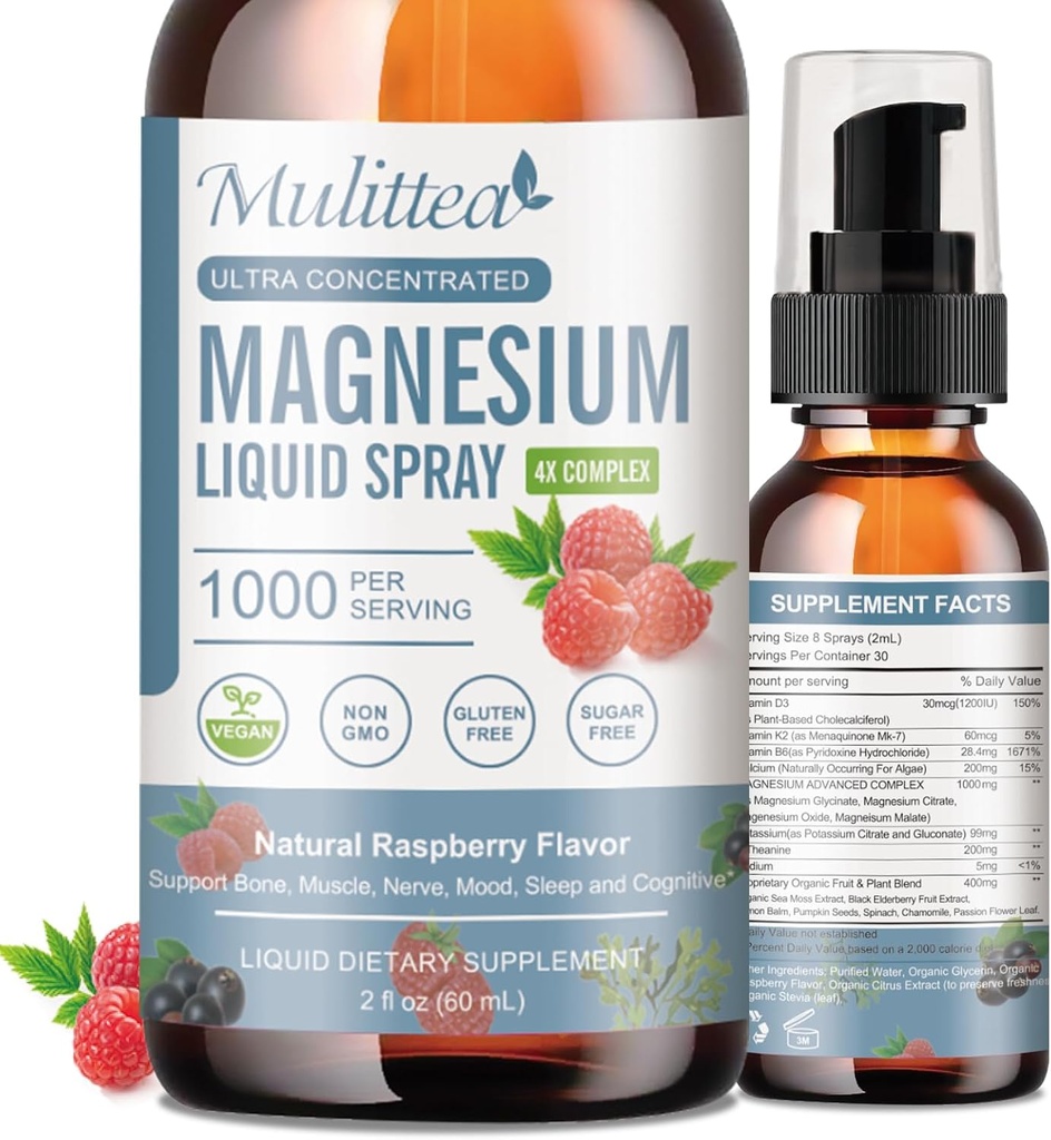 Magnesio Glycinate Líquido con Citrato, Taurate, Malate-Magnesium Complex Drops Spray w/Potasio L-Theanine-High Absorption -Vegan, Sugar Free, 2 Fl.oz