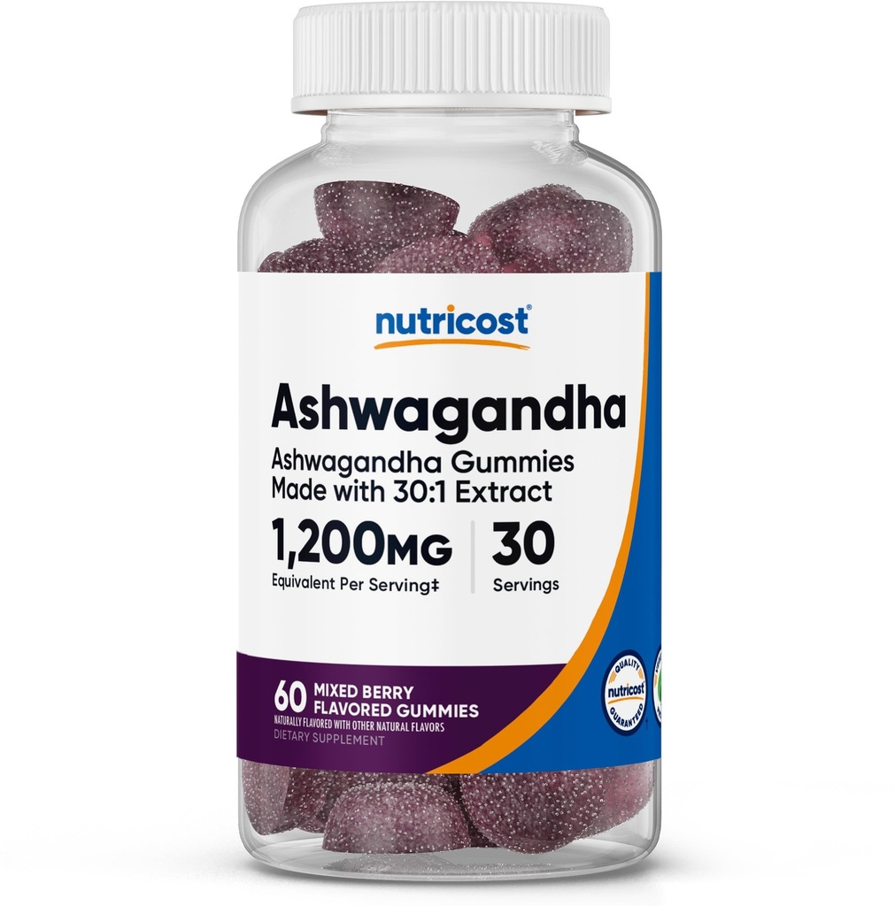 Nutricost Ashwagandha Gummies 1200mg Equivalente Por Serving (Mixed Berry Flavor), 60 Gummies, 30 Servimientos