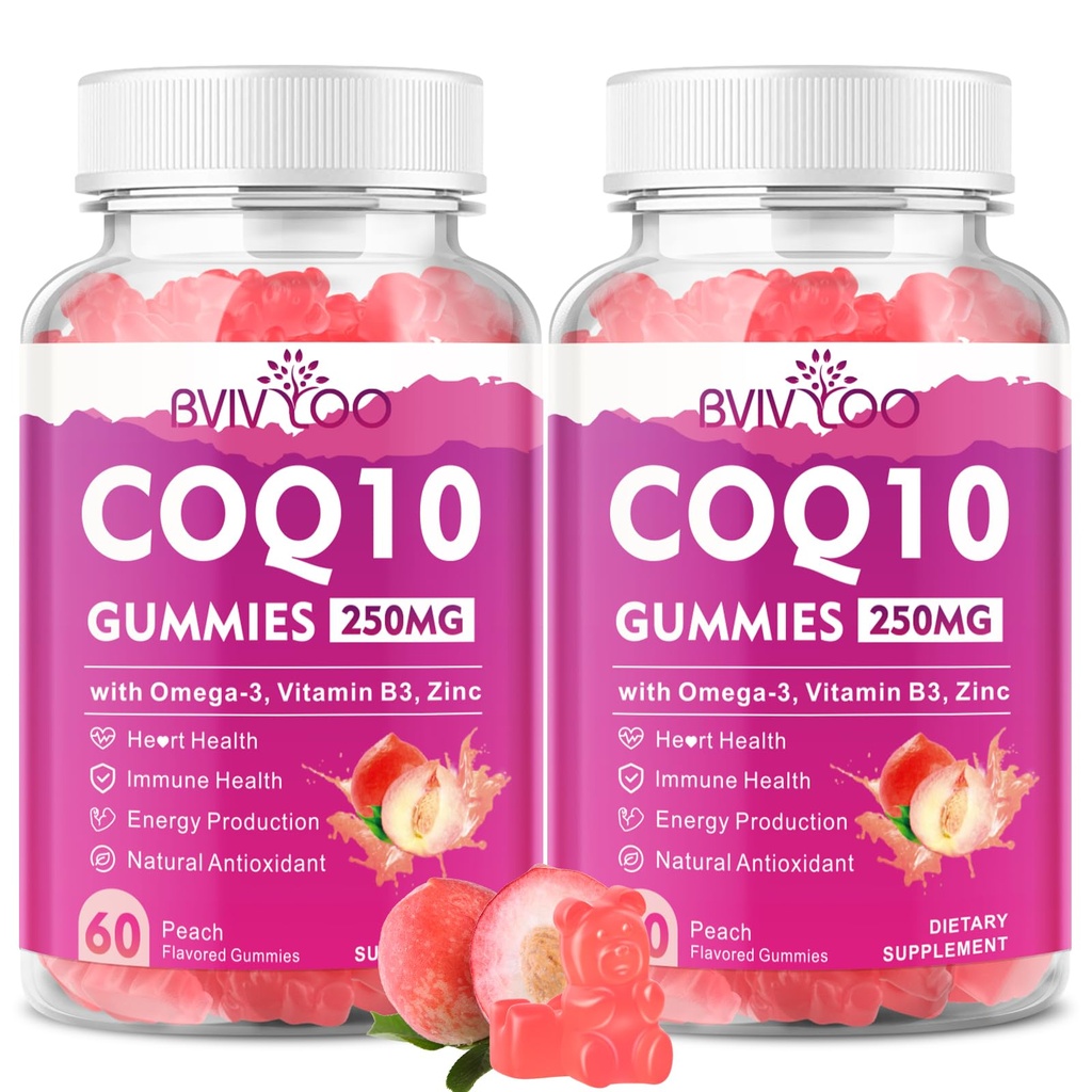 2 Pack CoQ10 Gummies 250mg, Plus Omega-3, Vitamina B3 & Zinc, Magnesio - Coenzima de alta absorción Q10 Suplementos para la salud del corazón, energía celular, & soporte antioxidante, 120 Condes