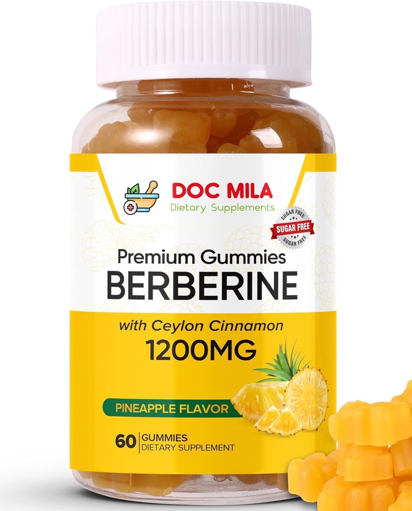Berberina con gomas de canela de Ceylán 1200mg - Suplemento de Berberina - Libre de azúcar, No GMO, Vegan - 60 Gummies (Pineapple V1) sin azúcar