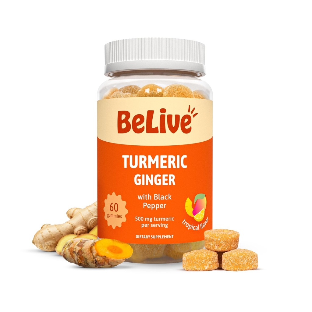 Curcumina de Turmérica BeLive con Pepper Negro > jengibre - 500 mg de suplemento de Turmérico y jengibre para soporte inmunitario, piel sana y movilidad - Flavor tropical
