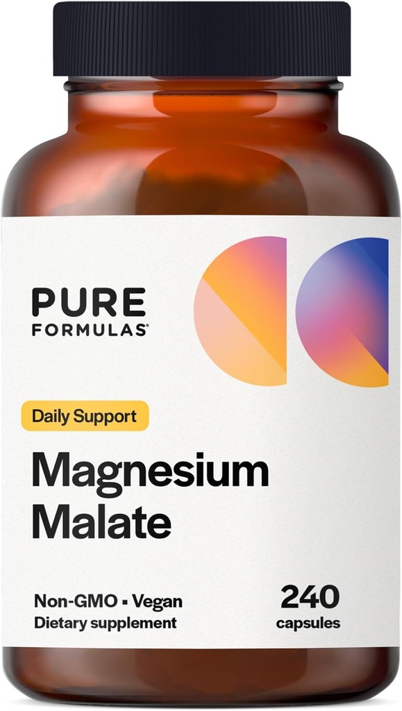 PureFormulas Magnesium Malate Capsules - Magnesio Chelatado como Di-Magnesium Malate - Altamente Biodisponible Formulario para apoyar energía, salud ósea + músculo Recuperación, malato de magnesio 360 mg - 240 cápsulas