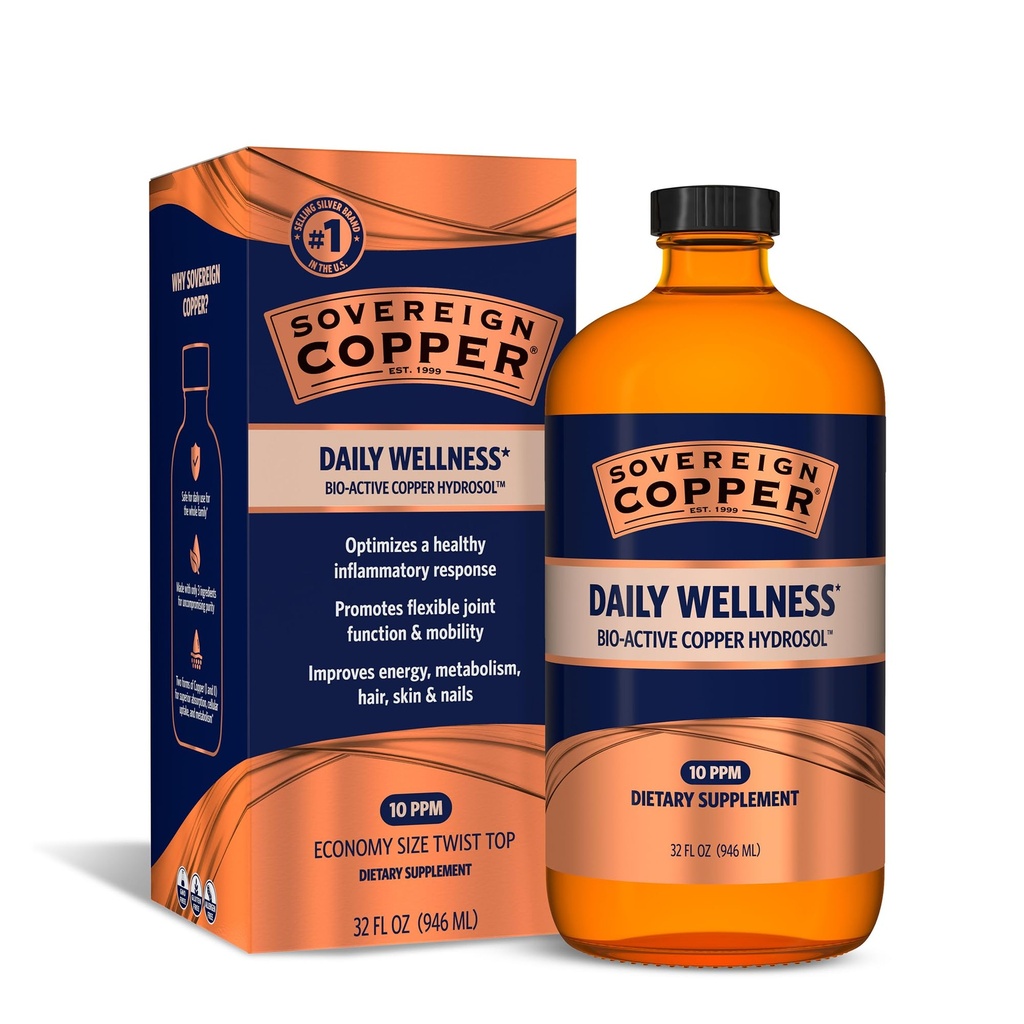 Soberano Bio-Active Copper Hydrosol - Bioavailable Cobre Suplemento líquido para adultos y niños con Hidrosol Plata para el cabello, la piel y las uñas - 32 fl oz (946mL)
