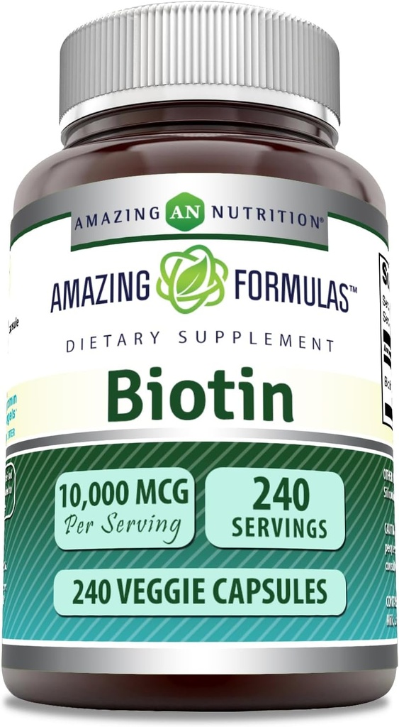 Fórmulas increíbles Biotin 10000 mcg Veggie Capsules ← Vitamina B7 Suplemento  Non-GMO Silencio Gluten Free ← Made in USA (240 Count)