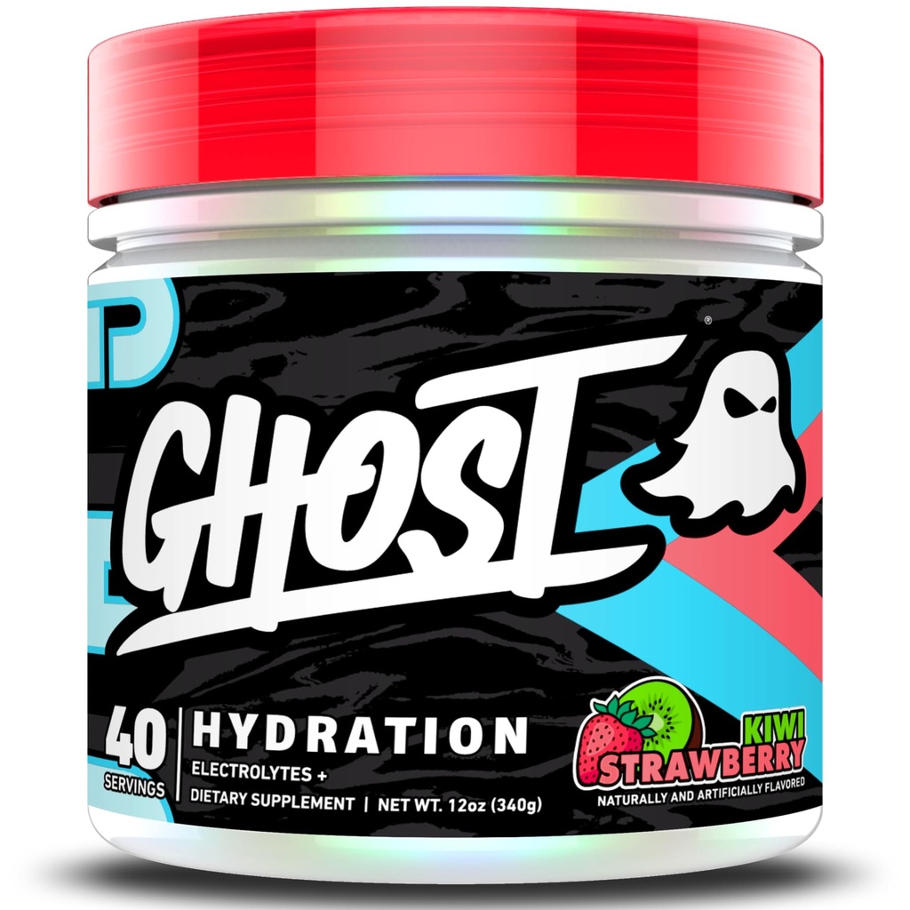 Hidratación GHOST, Fresa Kiwi, 40 Serv, Polvo Electrolítico - Suplemento mezcla de bebidas con Magnesio, Potasio, Calcio, Vitamina C & Taurina para Energía y Resistencia - Vegan, Libre de Soya, Azúcar &amp; Gluten