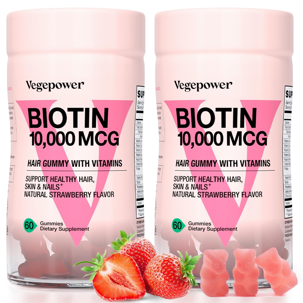 Biotina Gummies 10000mcg Suplementos - con Vitamina C, A, D, B-Complex, Folate, Zinc para Mujer y Vegan Biotina Crecimiento del cabello Gummy para el cabello y uñas saludables, No GMO, Fresa, 120 Bear