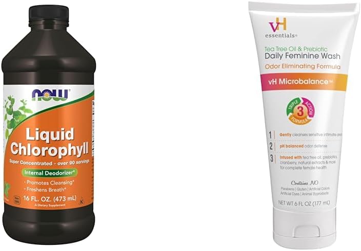 AHORA Suplementos, clorofila líquida, súper concentrado, desodorante interno*, energía boosta " VH Essentials, Ph Balanced Daily Feminine Wash, Tea Tree Oil " Prebiotic, 6, Fl Oz, (Pack of 1)