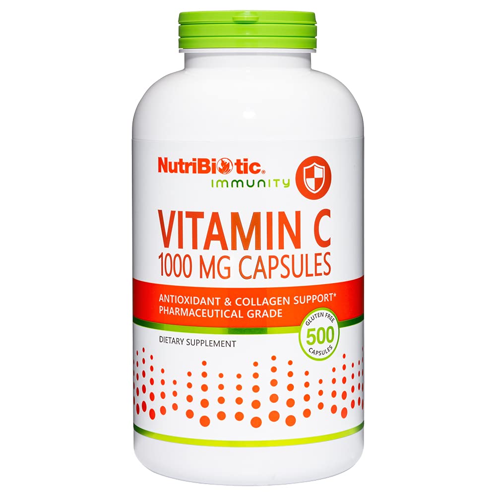 NutriBiotic - Vitamina C 1000 Mg Capsules, 500 Conteo Silencio Esencial, Antioxidante &amp; Collagen Apoyo Suplemento Silencio Farmacéutico Grado L-Ascorbic Acid, 1000 Mg Por Serving TEN Gluten &amp; GMO Gratis