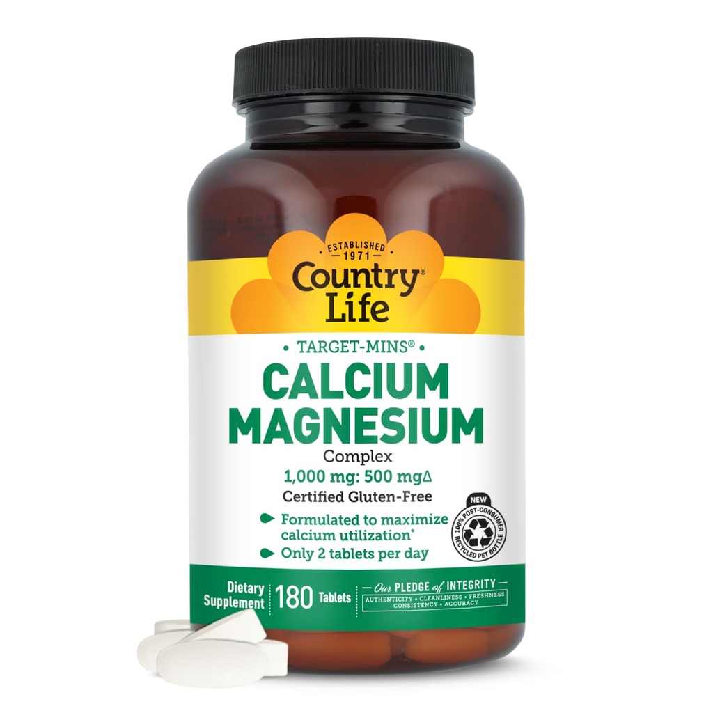 Country Life Target-Mins Calcium Magnesium Complex 1000mg/500mg, 180 Tablets, Certified Gluten Free, Vegan, Non-GMO Verified