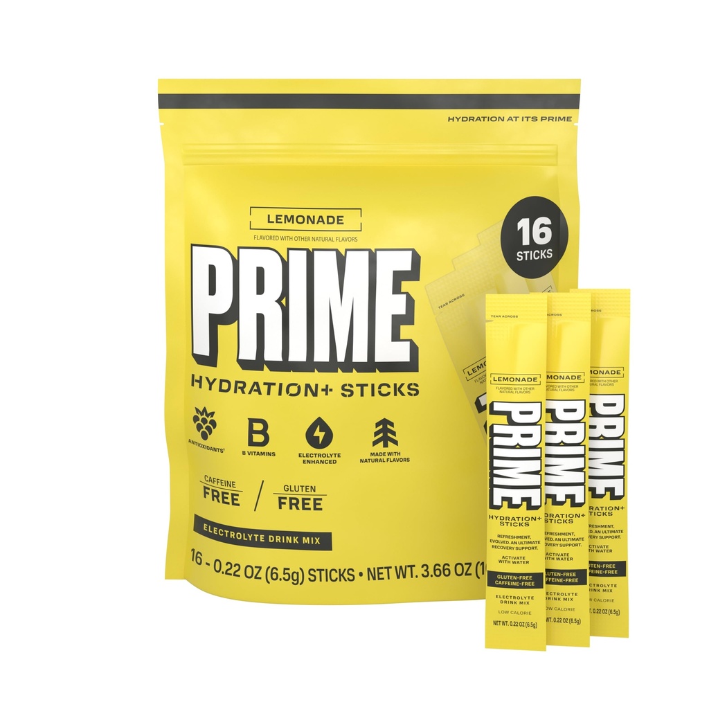 PRIME HYDRATION+ Sticks Lemonade TEN Hydration Powder Single Serve Sticks ← Electrolyte Powder On The Go TEN Low Sugar TEN Caffeine-Free TEN Vegan TEN 16 Sticks