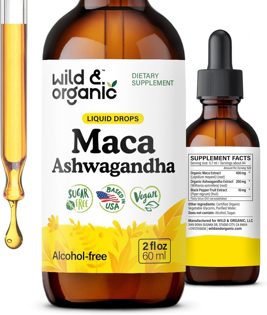Wild & Organic Maca Ashwagandha gotas para hombres y mujeres - Peruano Maca Root y Ashwagandha Tincture para el apoyo general - Vegan, Azúcar & Alcohol-Free Extract Suplemento - 2 fl oz