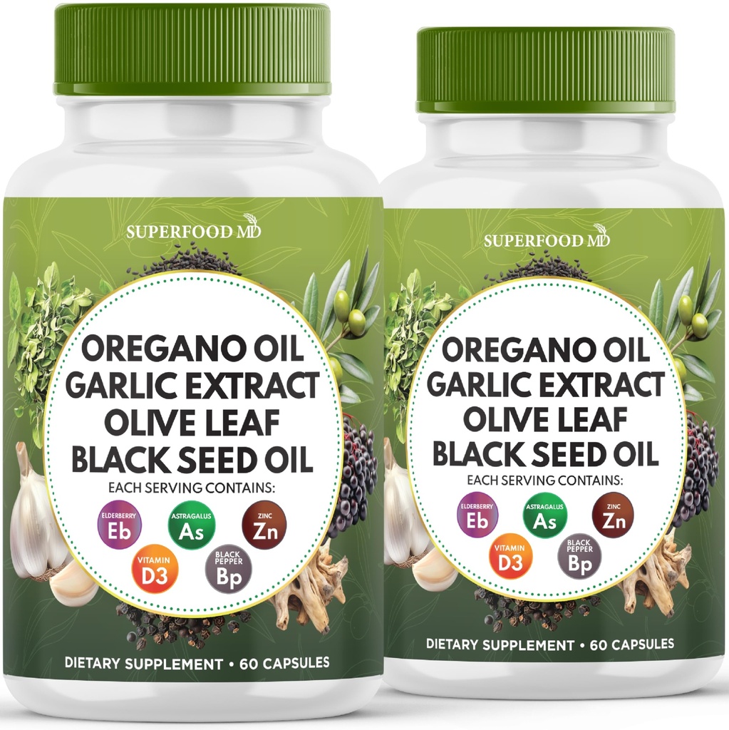 Óleo de orégano, Extracto de ajo, hoja de oliva, aceite de semilla negra, apoyo a las astragalus-inmune " Suplemento de salud digestiva para mujeres y hombres- 120 Conde