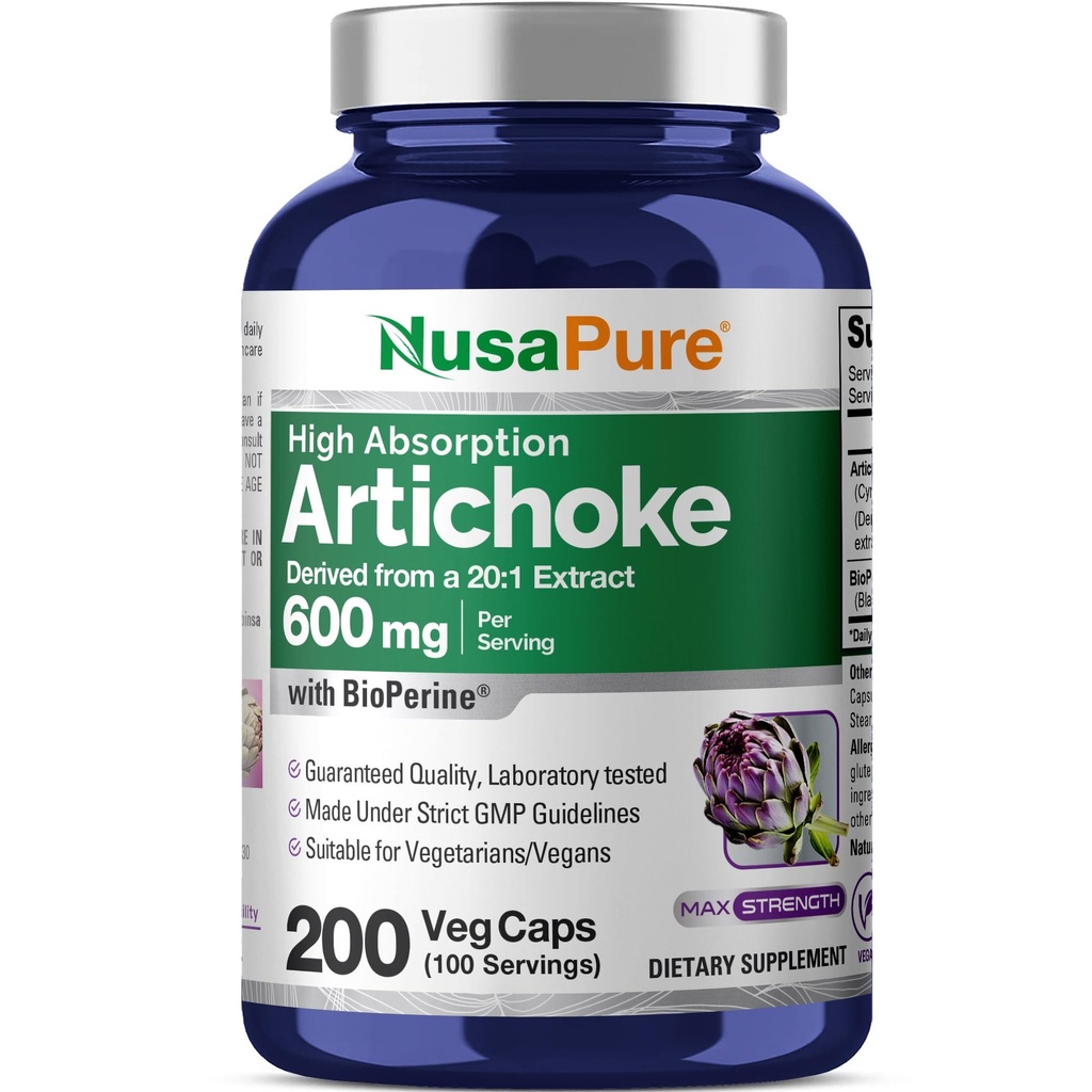 NusaPure Artichoke 20:1 Extracto, 600 mg Equivalente a 12,000 mg 200 gorros Veggie (No-GMO, Gluten Free)