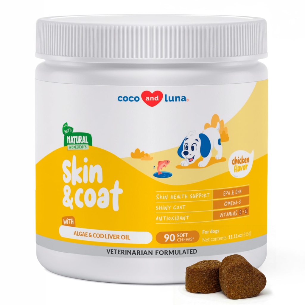 Petróleo de pescado Omega 3 para perros - Suplemento de piel &amp; carne con aceite de hígado de bacalao, algas, EPA &amp; DHA Ácidos grasos para la cama de perros, Itch Relief, Hot Spots, Skin Allergy, Joint &amp; Heart Support - 90 Soft Chews